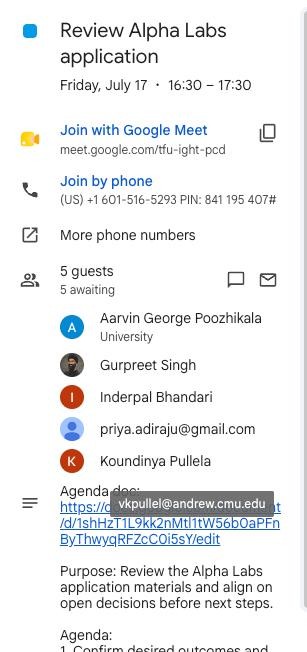 Google Calendar event created by the assistant: staff meeting with the full guest list, Google Meet link, dial-in, and the prepared agenda attached.