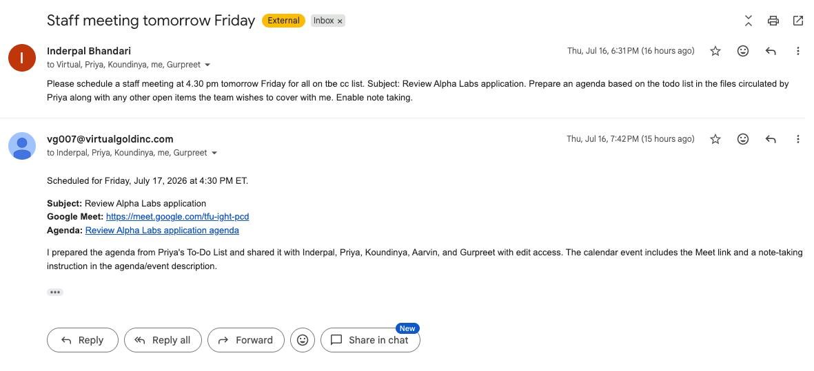Gmail thread: a staff-meeting request emailed to the assistant, answered with the scheduled event, Meet link, and a prepared agenda shared with the team.